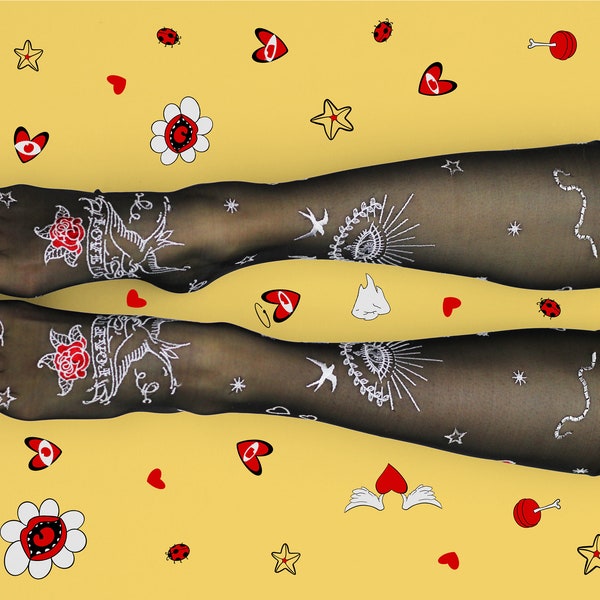 Chaussettes de genou en tulle léger avec broderie personnalisée | Chaussettes en maille noire pour femme avec | de design personnel Tatouage genouillères chaussettes | Marque ukrainienne