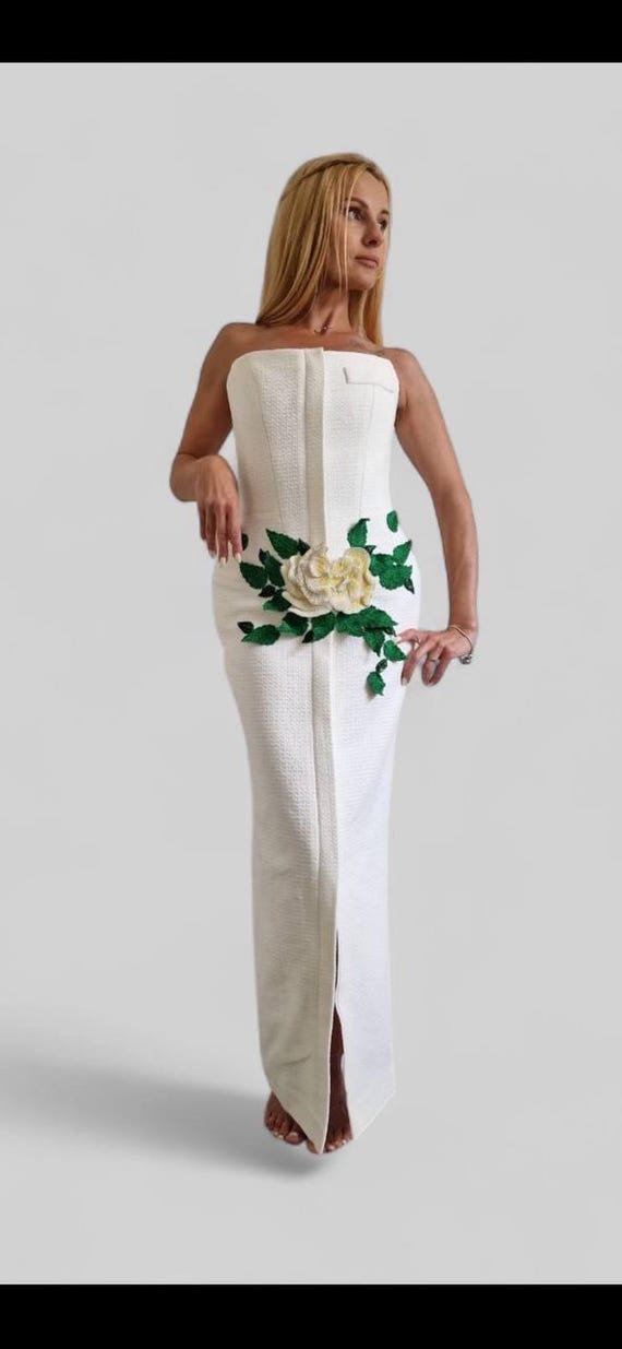 White Corset Midi Dress | Retro Floral Off-Shoulder Wedding Gown