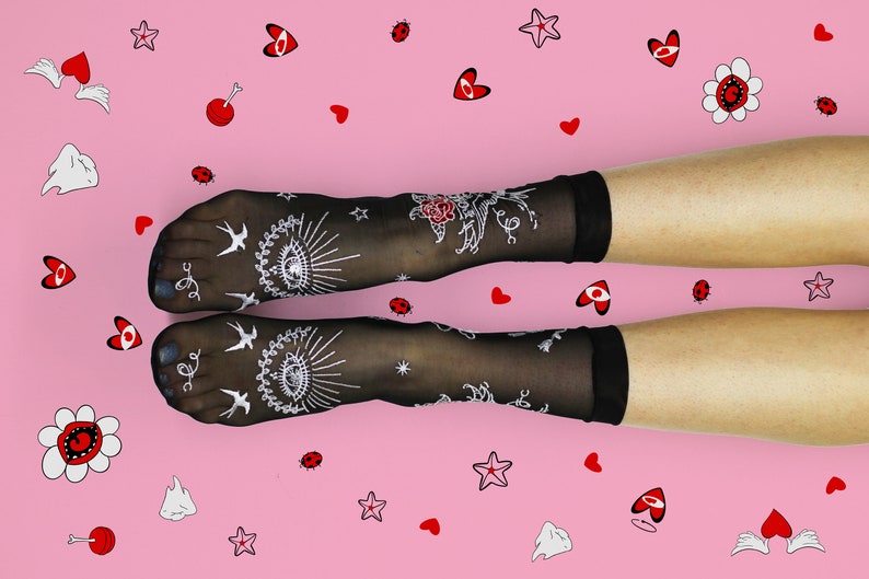Light tulle socks with custom embroidery Black mesh socks for woman with personal design Tattoo knee socks Ukrainian brand image 3