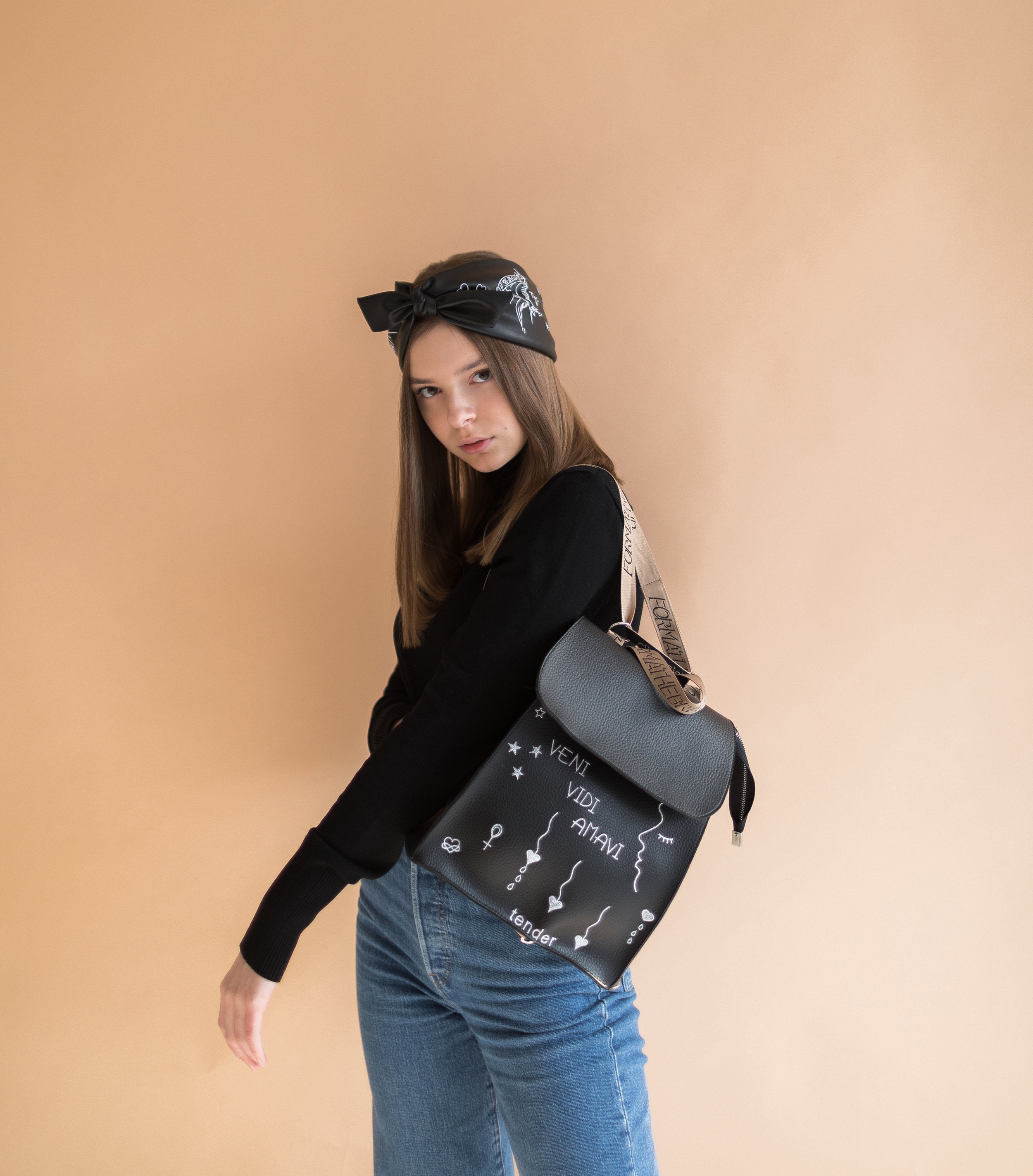 Umbrale Vegan Leather Embroidered Drawstring Bucket Backpack Purse BOB16088-BOHEMIAN_BLACK_-  main image 4