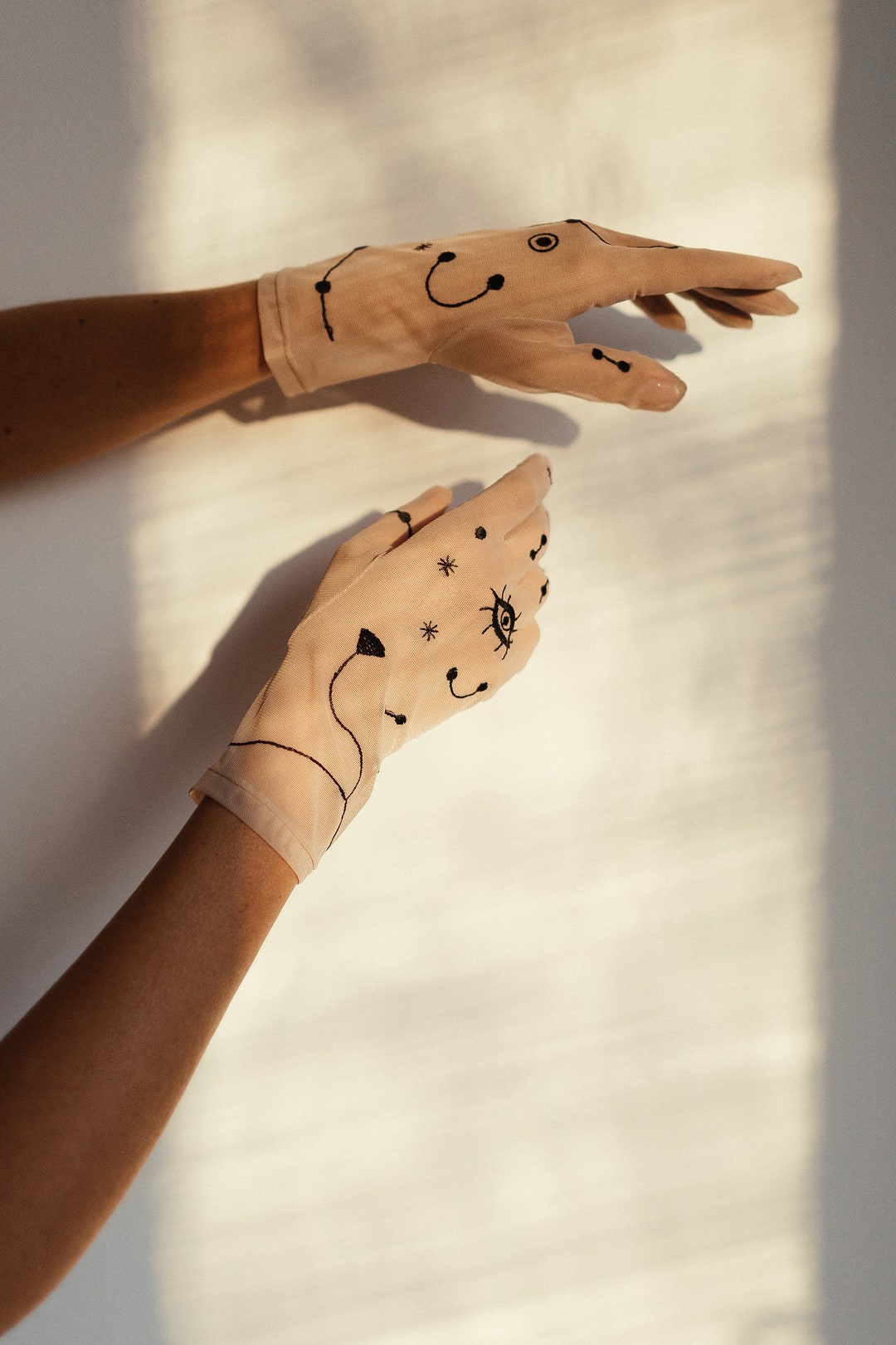 Embroidered Mesh Nude Gloves With Abstract Pattern | Stretchy Lace ...