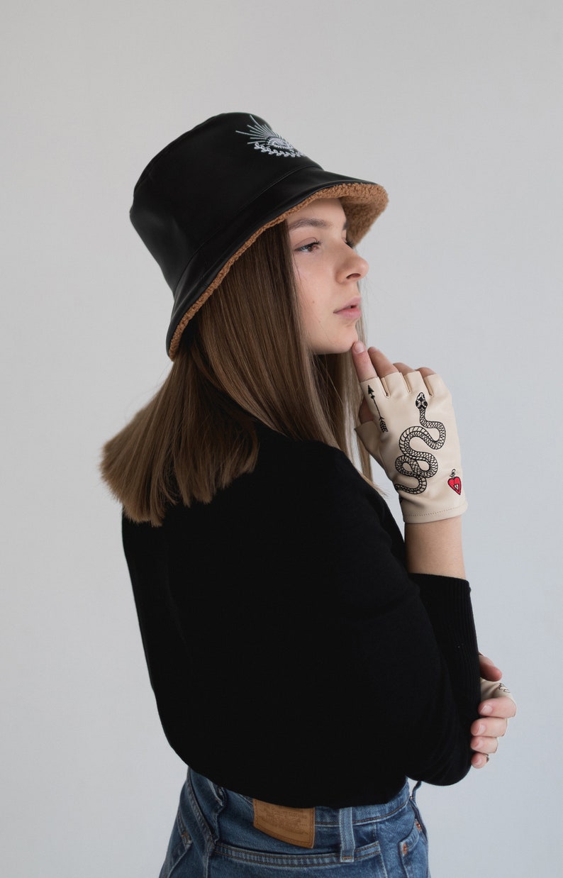 Headdress woman Winterized bucket hat with personal embroidery |Fur hat hair cover Black color warm winter panama hat Christmas gift