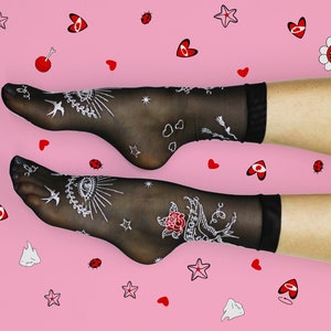 Light tulle socks with custom embroidery Black mesh socks for woman with personal design Tattoo knee socks Ukrainian brand image 4