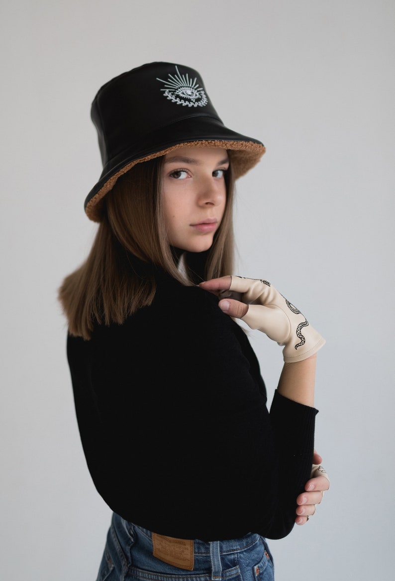 Headdress woman Winterized bucket hat with personal embroidery |Fur hat hair cover Black color warm winter panama hat Christmas gift