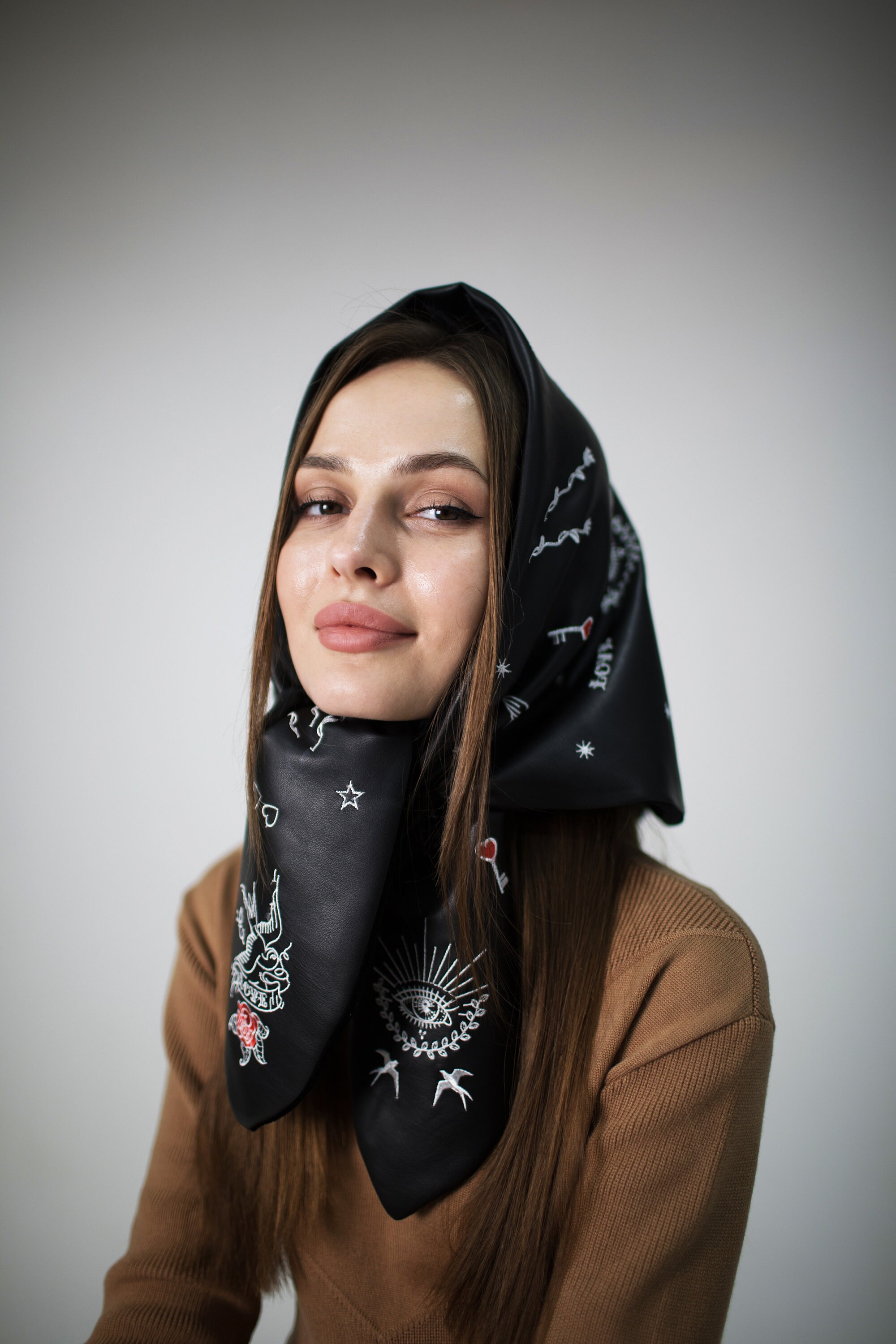 Black Vegan Leather Babushka Headscarf With Custom