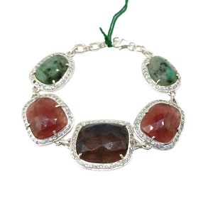 Sterling Silver Natural Emerald Bracelet, Handmade Jewelry, Ruby Statement Bracelet, Birthday Gift for Her