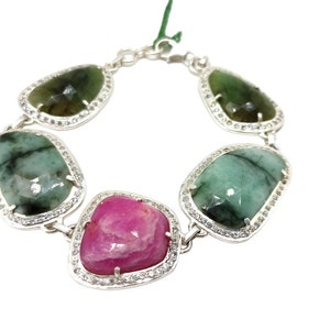 925 Sterling Silver Natural Emerald Bracelet, Genuine Ruby Chain Bracelet, ,Multi Stone Jewelry