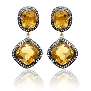 Sterling Silver Pave Diamond & Citrine Earrings, Vintage Statement Jewelry, Unique Drop Earrings, Christmas Gift for Wife
