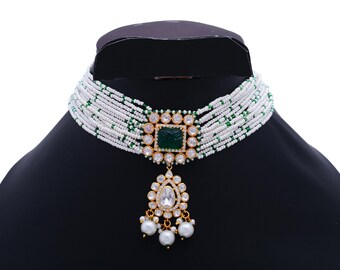 Ethnic Moissanite Emerald Choker Necklace | Pearl Beaded Necklace Set | Bridal Jewelry Necklace Set | Fine Jewelry