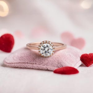 Moissanite Halo Ring, Solitaire Engagement Ring, Rose Gold over Sterling Silver Promise Band