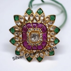 Sterling Silver Moissanite Statement Ring, Vintage Ruby & Emerald Cocktail Ring, Anniversary Gift for Her
