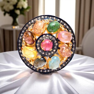 925 Silver Multi-Tourmaline & Diamond Statement Ring | Natural Gemstone Gold Plated Sterling Silver Ring | Unique Handmade Gift for Her