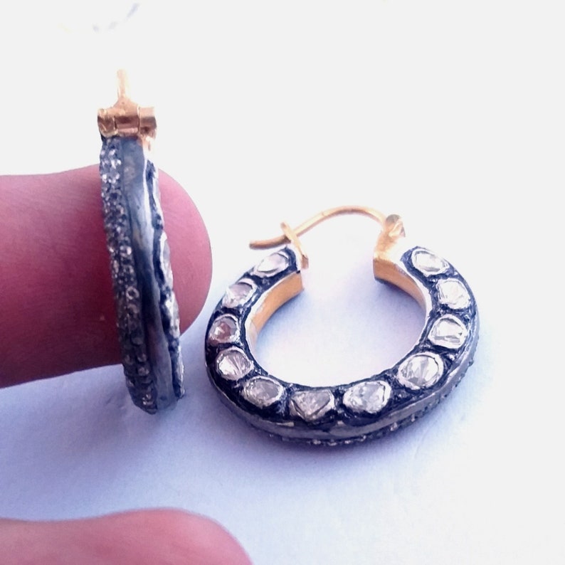 Anniversary Wear Tiny Diamond Hoop Natural Rose cut Diamond Hoop Earrings Women Wedding 925 Sterling Vermeil 3.16ct Polki Diamond Huggies