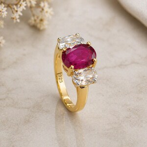 Ruby Three Stone Ring, Sterling Silver Gold Promise Ring, July Birthstone Ring, Moissanite Engagement Ring