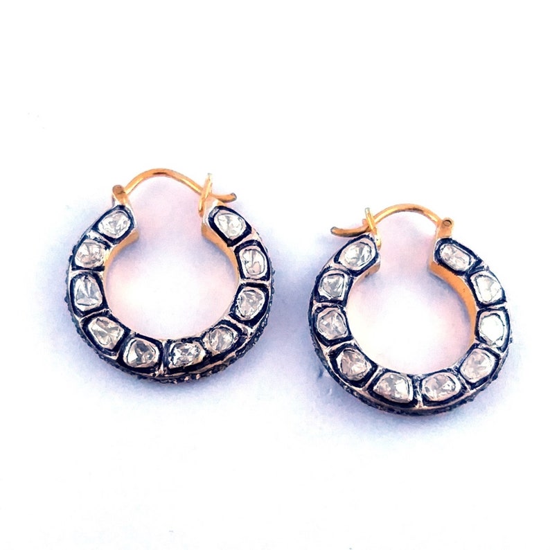 Anniversary Wear Tiny Diamond Hoop Natural Rose cut Diamond Hoop Earrings Women Wedding 925 Sterling Vermeil 3.16ct Polki Diamond Huggies