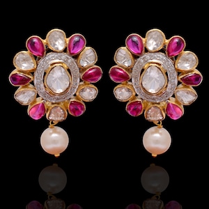 Moissanite Ruby Stud Earrings, Dainty Pearl Earrings, Birthday Gift for Her, Earrings Set for Women