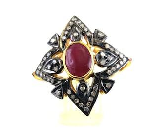Sterling Silver Ruby Diamond Ring: Victorian Pave Statement Jewelry
