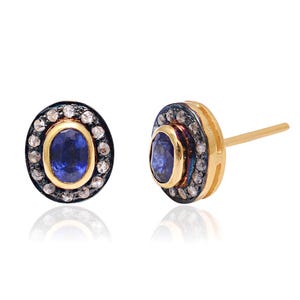 Sterling Silver Pave Diamond Ruby Stud Earring, Unique Tanzanite Statement Earrings, Birthday Gift to Her