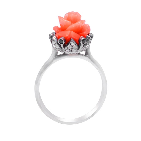 Flower Propose Natural Diamond Ring 925 Sterling Silver Vintage Ring Red Flower Promise Delicate Ring Anniversary Gift For Her