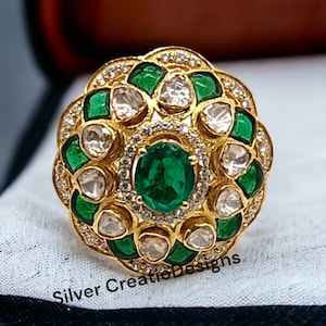 Sterling Silver Moissanite Statement Ring, Antique Emerald Solitaire Ring, Vintage Cocktail Ring, Anniversary Gift for Her