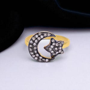 Celestial Moon and Star Ring | Gold Plated Sterling Silver Pave Diamond Ring | Birthday Ring | Genuine Diamond Ring | Gift for Her