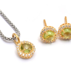Sterling Silver Peridot Pendant with Stud Earrings, Unique Anniversary Gift for Wife, Dainty Handmade Jewelry