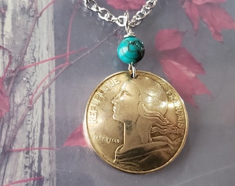40th Birthday -French Coin Necklace -1983 Domed Coin -Turquoise Gemstone -December Birthstone -40th Birthday Jewelry -40th Gifts   5087 A