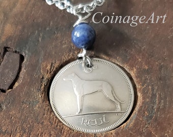 Lucky Irish Sixpence -Irish Setter Wolfhound Whippet -Domed Celtic Coin Necklace -Blue Dumortierite Gemstone on a Brilliant SS Chain 5085B