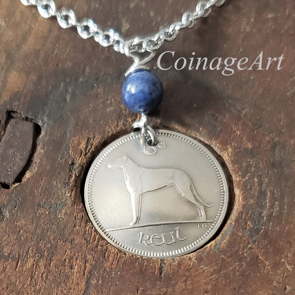 Lucky Irish Sixpence -Irish Setter Wolfhound Whippet -Domed Celtic Coin Necklace -Blue Dumortierite Gemstone on a Brilliant SS Chain 5085B