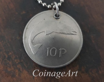 Irish Coin Necklace -Salmon -Ireland -10 Pence Coin -Dates 1969 to 1986 -Eire -Harp -Celtic -Pisces -Irish Gifts -St Patrick's Day 5134 A
