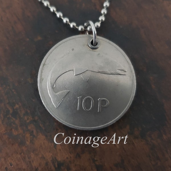 Irish Coin Necklace -Salmon -Ireland -10 Pence Coin -Dates 1969 to 1986 -Eire -Harp -Celtic -Pisces -Irish Gifts -St Patrick's Day 5134 A