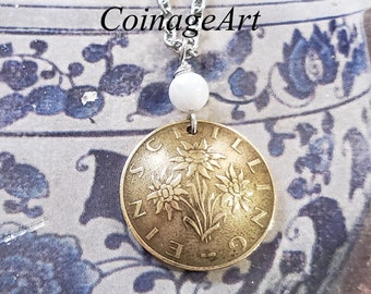 Edelweiss Necklace -Austrian Coin Necklace -Flower Pendant -Austria 1 Shilling Coin -Moonstone Gemstone -Domed Coin -Sound of Music  5008