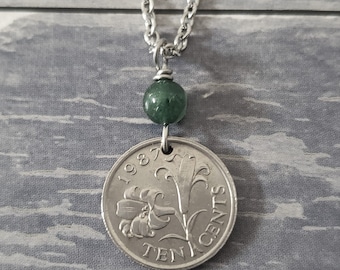 Bermuda Coin Necklace -Emerald Gemstone Island Jewelry Lily Charm Necklace 1970 to 2009 May Birthstone Necklace -Flower Charm  5186