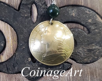 France Coin Necklace -Green Blood Stone -French 20 Centimes Coin -French Jewelry  -France Necklace -France Jewelry -France Gift   5010