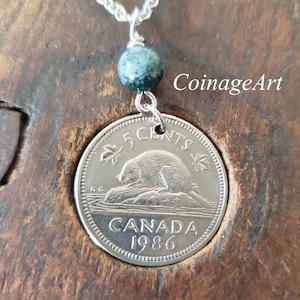 Canadian Coin Necklace -Moss Agate Gemstone -Beaver -Canada - Beaver Charm -Canadian Gift -Animal Jewelry 5113 A