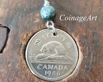Canada Beaver Necklace -Canadian Wildlife Pendant -Beaver Coin -Canadian Nickel -1937 to Present -Moss Agate Stone -Agate Jewelry 5113