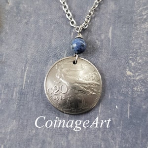 Italian Coin Necklace -Italy Coinage -1908 to 1922 -Woman With Torch -Victory Coin -Blue Dumortierite Gemstone -Italian -Vintage  5041 A