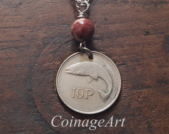 Irish 10 Pence Coin Necklace -Irish Cork Marble -Irish Necklace -Ireland -Eire -Dates 1993 to 2000 Dates -Pisces -St Patrick's Day  5129 A