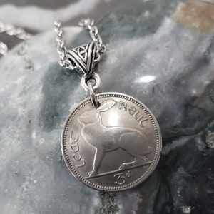 Lucky Rabbit Necklace -Irish Rabbit Coin Necklace -Irish Connemara -Ireland -Domed 3 Pence Coin -Celtic -Harp -Eire -Hare -Lucky Coin 5181 A