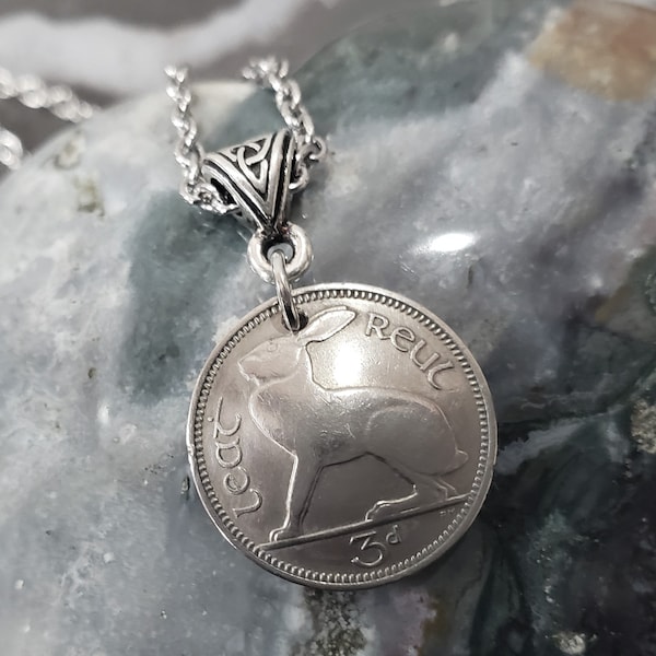 Lucky Rabbit Necklace -Irish Rabbit Coin Necklace -Irish Connemara -Ireland -Domed 3 Pence Coin -Celtic -Harp -Eire -Hare -Lucky Coin 5181 A