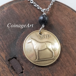 Irish Horse Coin Necklace -Irish Kilkenny Black Marble -20 Pence Domed Coin  -Celtic -Horse Pendant -Equestrian -Irish Jewelry Women  5048 A