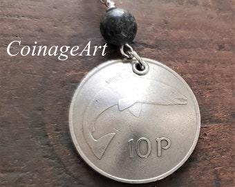 Ireland 10 Pence Coin Necklace -Kilkenny Marble -Fish -Pisces Necklace -1969 to 1986 -Eire -Pisces Necklace -Irish Kilkenny Marble 5057 A