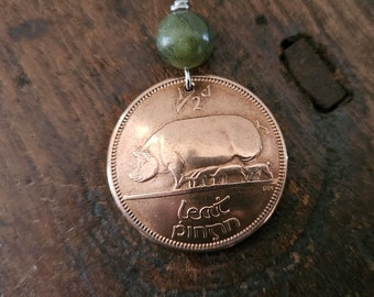 Irish Coin Necklace -Eire Half Pence -Pig and Piglets Coin -Celtic Pig -1939 to 1967 -Irish Pig -Celtic Harp Coin -Connemara  Stone 5216