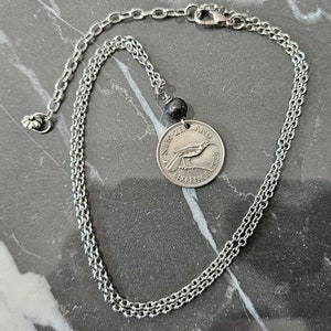 New Zealand Sixpence Necklace -Hematite -1953 to 1965 -Huia Bird -Extinction 100 years ago -Hematite Necklace -New Zealand Gift 5194