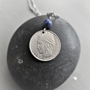 Italian Coin Necklace -Sodalite Gemstone -Italy -100 Lire Coin -Italian Necklace -Italy Pendant -Italian Jewelry -Italian Gifts  5213