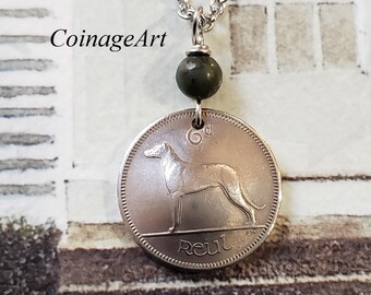 Irish Sixpence Coin Necklace -Ireland -Domed Coin -Whippet -Choose Irish Marble: Connemara, Ulster White, Cork Red or Kilkenny 3000 A