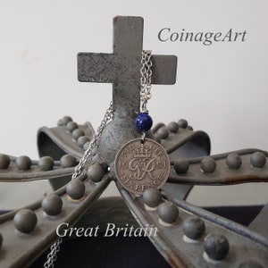 British Sixpence Coin Necklace -Lapis Lazuli -Wedding Sixpence -Sixpence for Bride -Something Blue for Bride -Bridal Gifts  5114