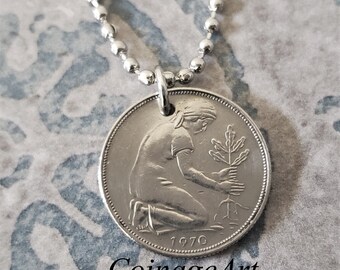 Germany Coin Necklace -German 50 Pfennig -1950 to 2001 -Woman Planting Oak Sprigs -Symbolizing Post War Rebirth of Germany -Gardener  5104 A