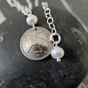 Lucky Rabbit -Irish 3 Pence Coin Necklace -.925 Sterling Silver with Pearls -Domed Coin -Ireland -Celtic -Eire -Year of the Rabbit 5201