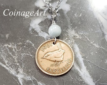 Aquamarine British Coin Necklace -Bronze Farthing -Wren -Bird Necklace -Wildlife Lover -1937 to 1952 -Bronze Pendant -March Birthstone  5098